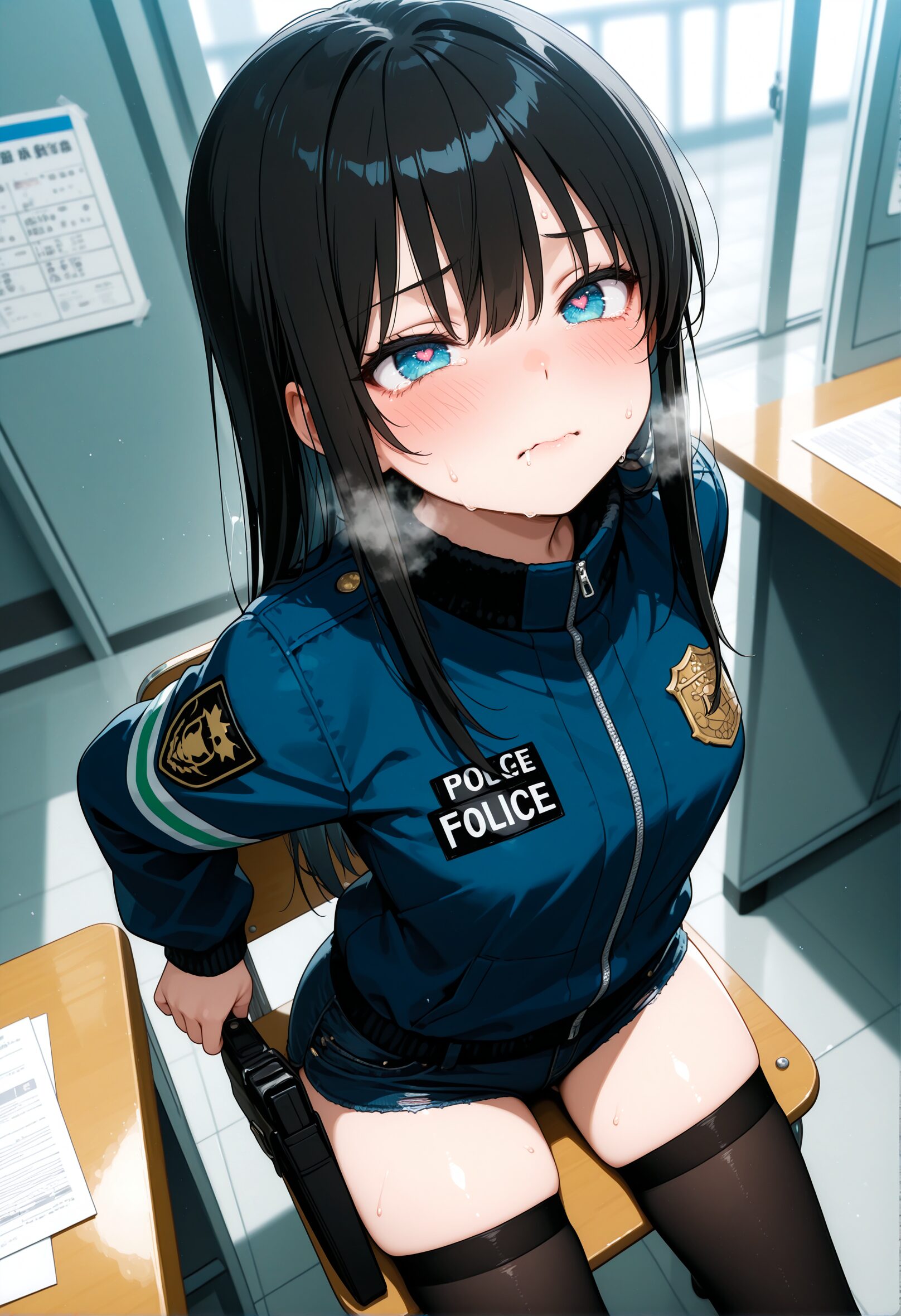 椅子に仕掛けられた何かに感じるえちえちな警察官のAI画像