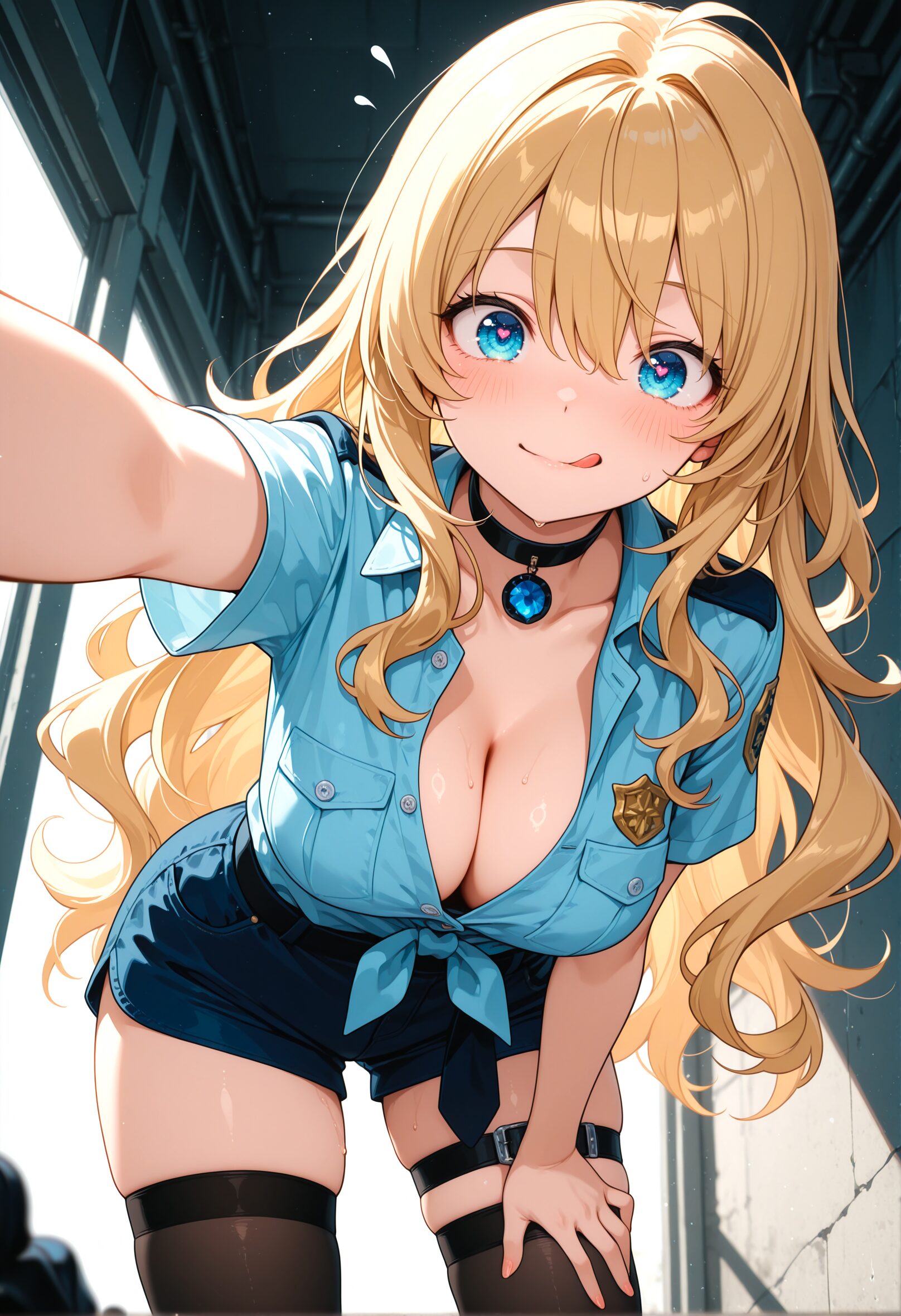 前かがみになり谷間がエロい女性警察官のエロ自撮り画像