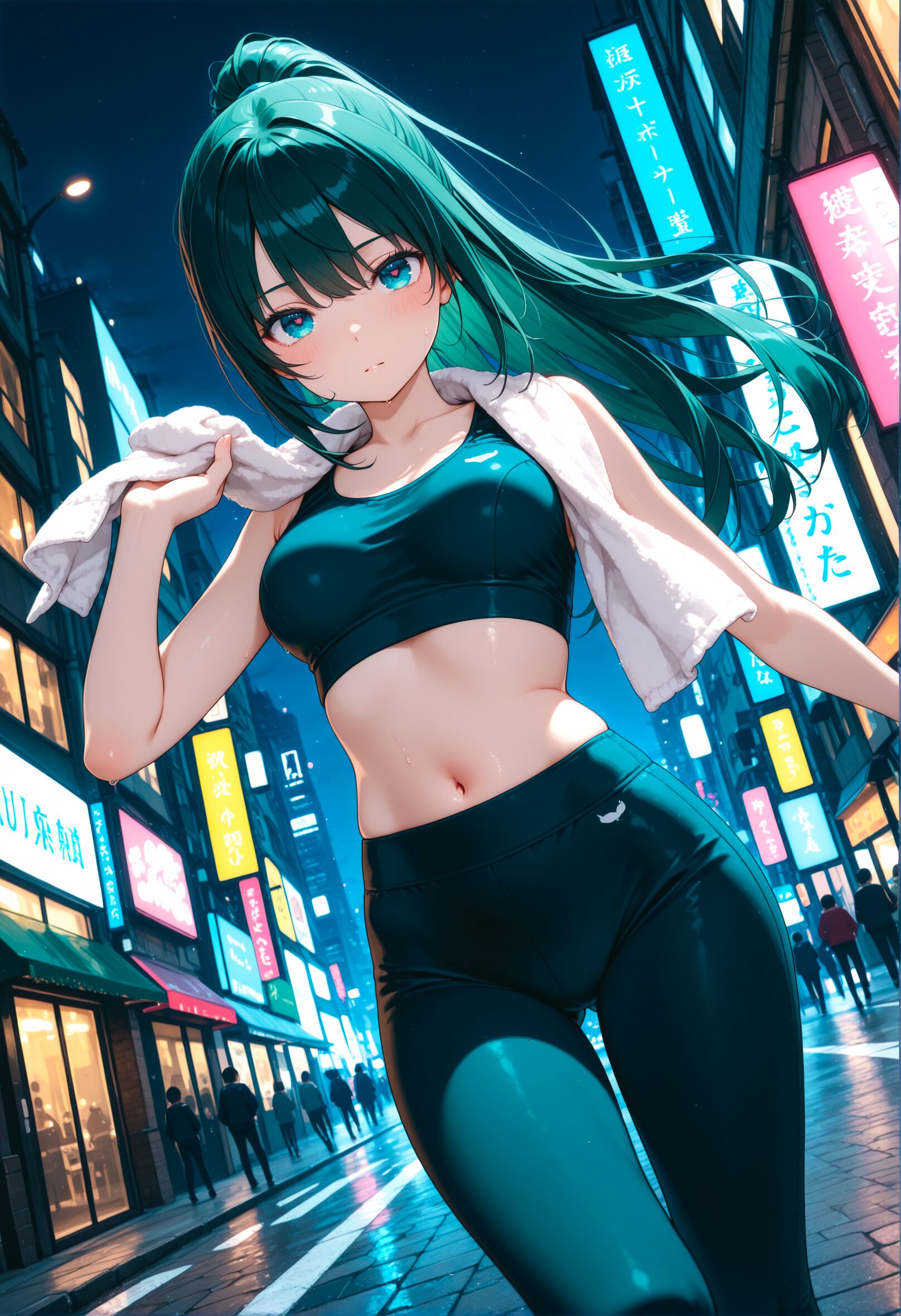 街中で運動中のスパッツとスポブラ女子の自撮りショット