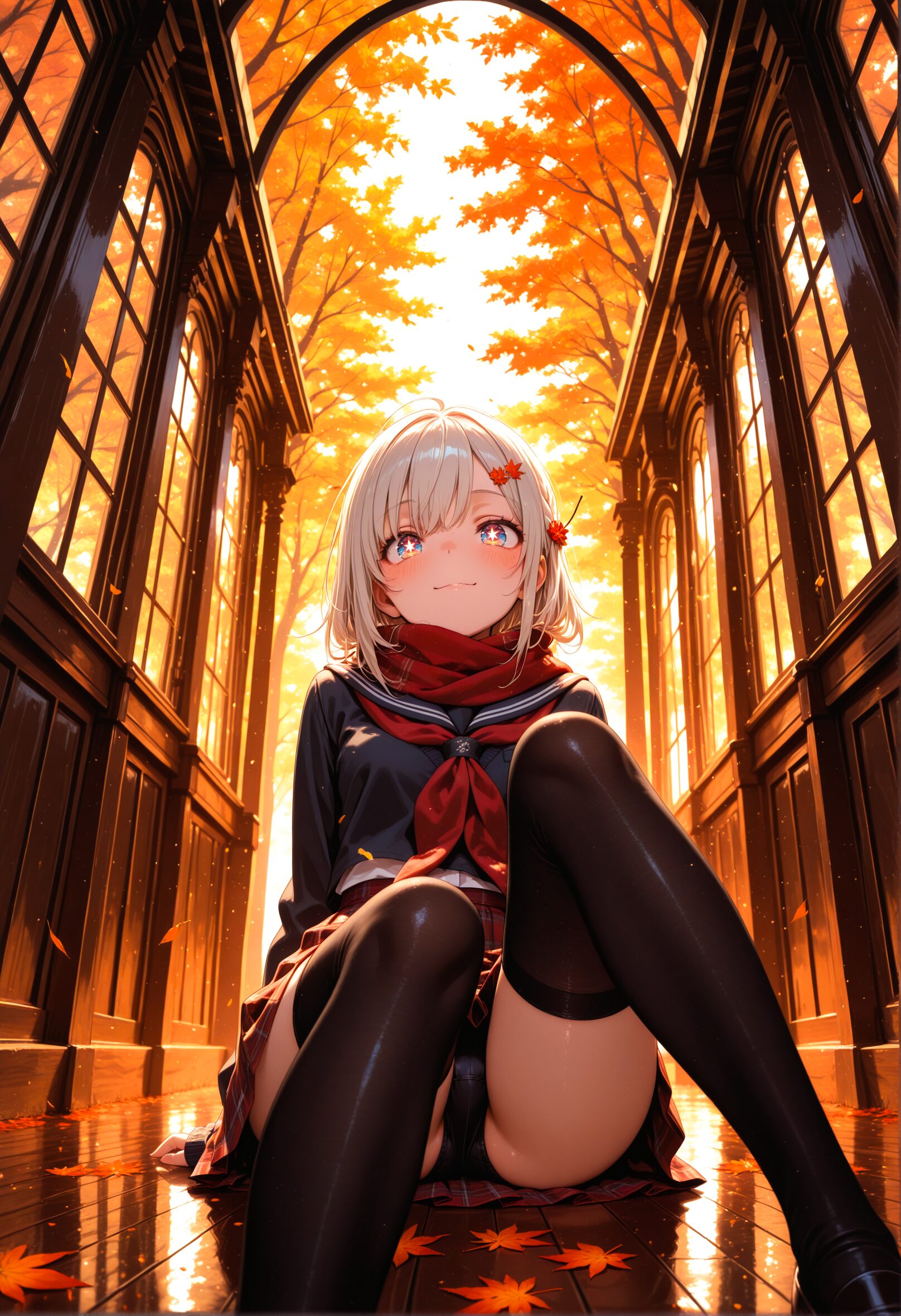 制服ニーソのJKが座り込みパンツを見せるグラビア風AIイラスト