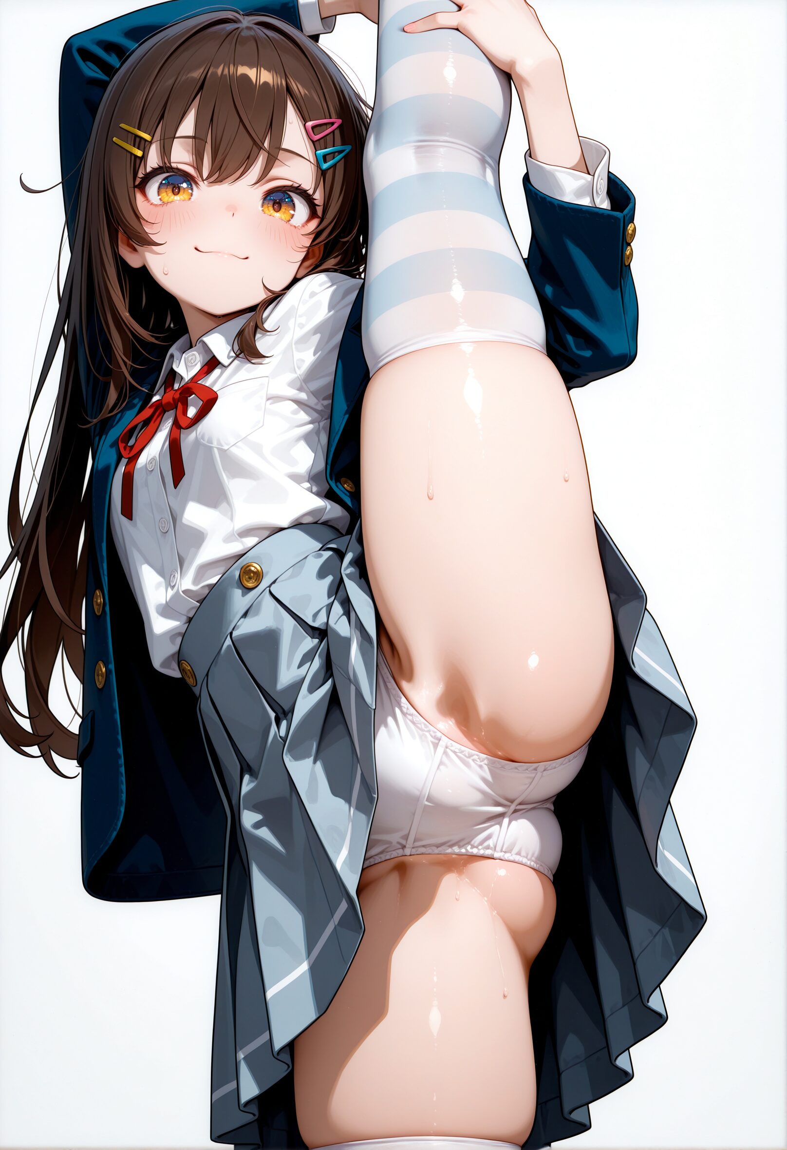 制服女子高生がI字バランスでパンツを見せつける無防備なエロティックJKのAI画像