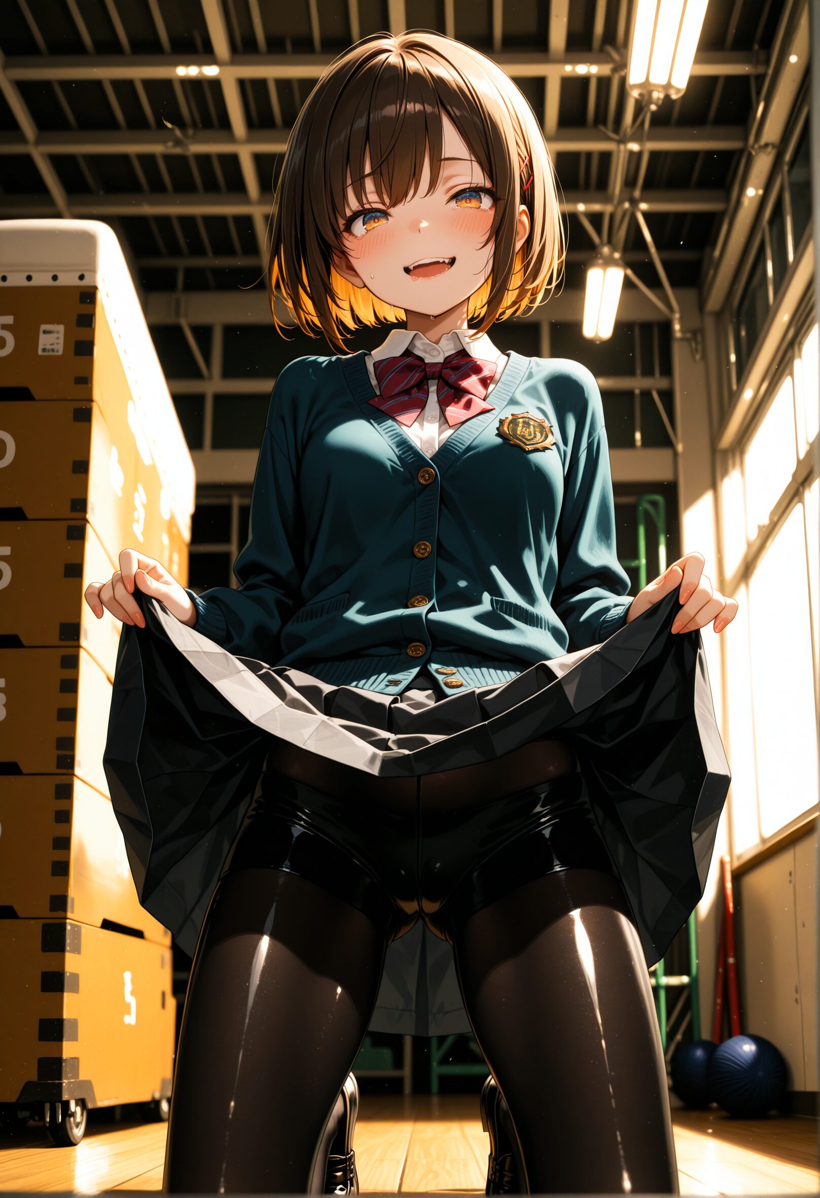 パンストを履いた制服女子高生がスカートをたくしあげて見せつけるエッチなJKのAIイラスト